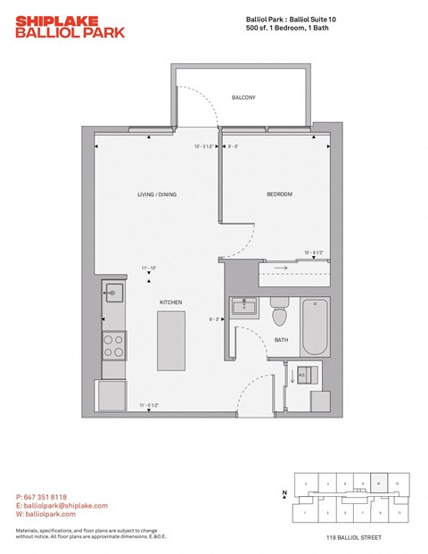 Floor plan for 1 bed, 1 bath, 500 sqft